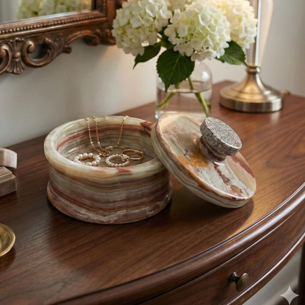 Hand Carved Onyx Jewelry Jar with Lid. Green & Brown Banded Stone Trinket Box